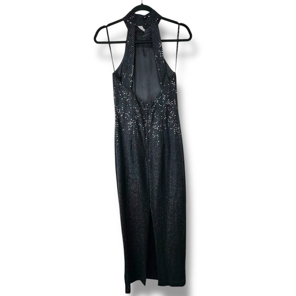 Vintage Roberta Midnight Black VTG Sequin Halter Open Back Sleeveless Maxi Gown - Picture 4 of 8